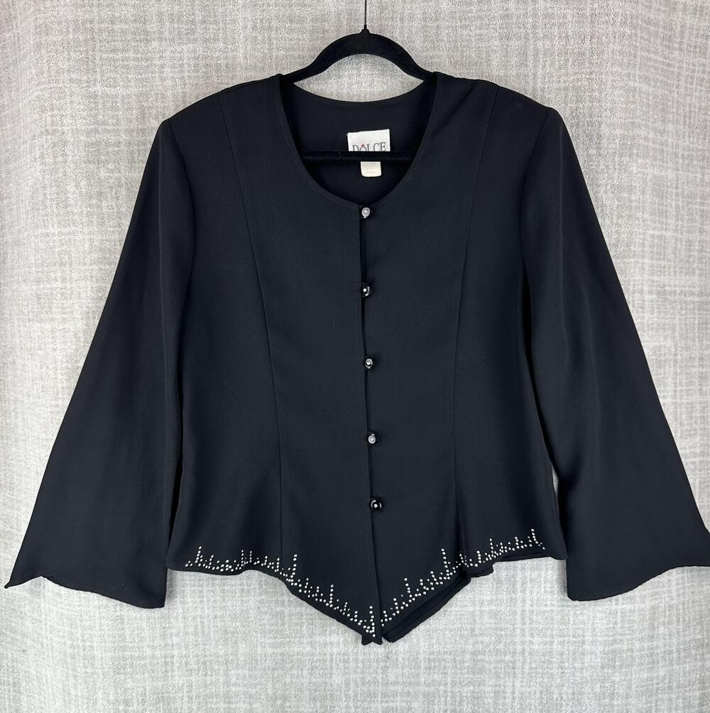 DOLCE Jacket Womens XL Black Collarless Single-Breasted Rhinestone Lined